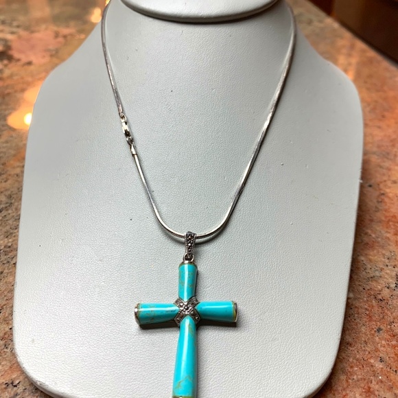 STERLING SILVER - ARTIST INITIALS Jewelry - 925 STER.,TURQUOISE, MARCASITE NECKLACE 16" 14g 💝